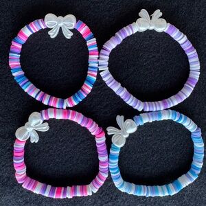 Handmade 4 Clay Bead Bracelet Set With Pearl Bows in White Blue Pink Purple